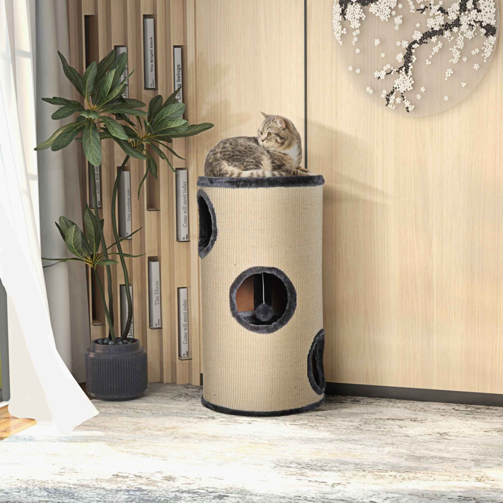 Cat laying on top perch of 70cm tall cat scratching barrel