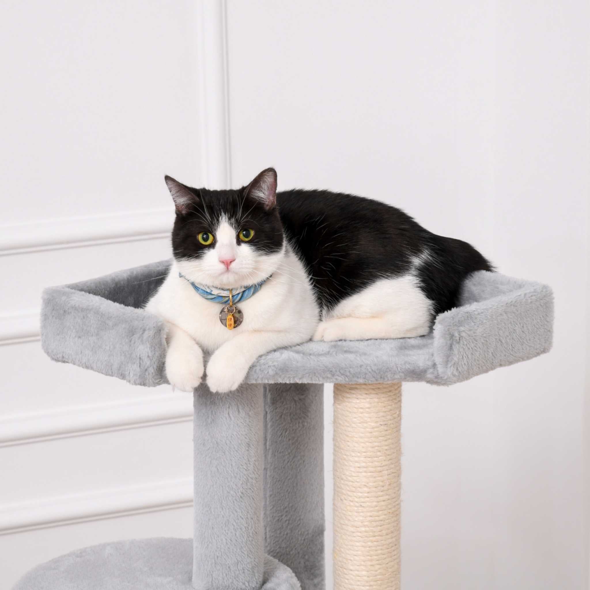 Cat laying on top perch of grey cat tree