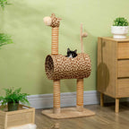 Cat playing in tunnel of giraffe style cat tree