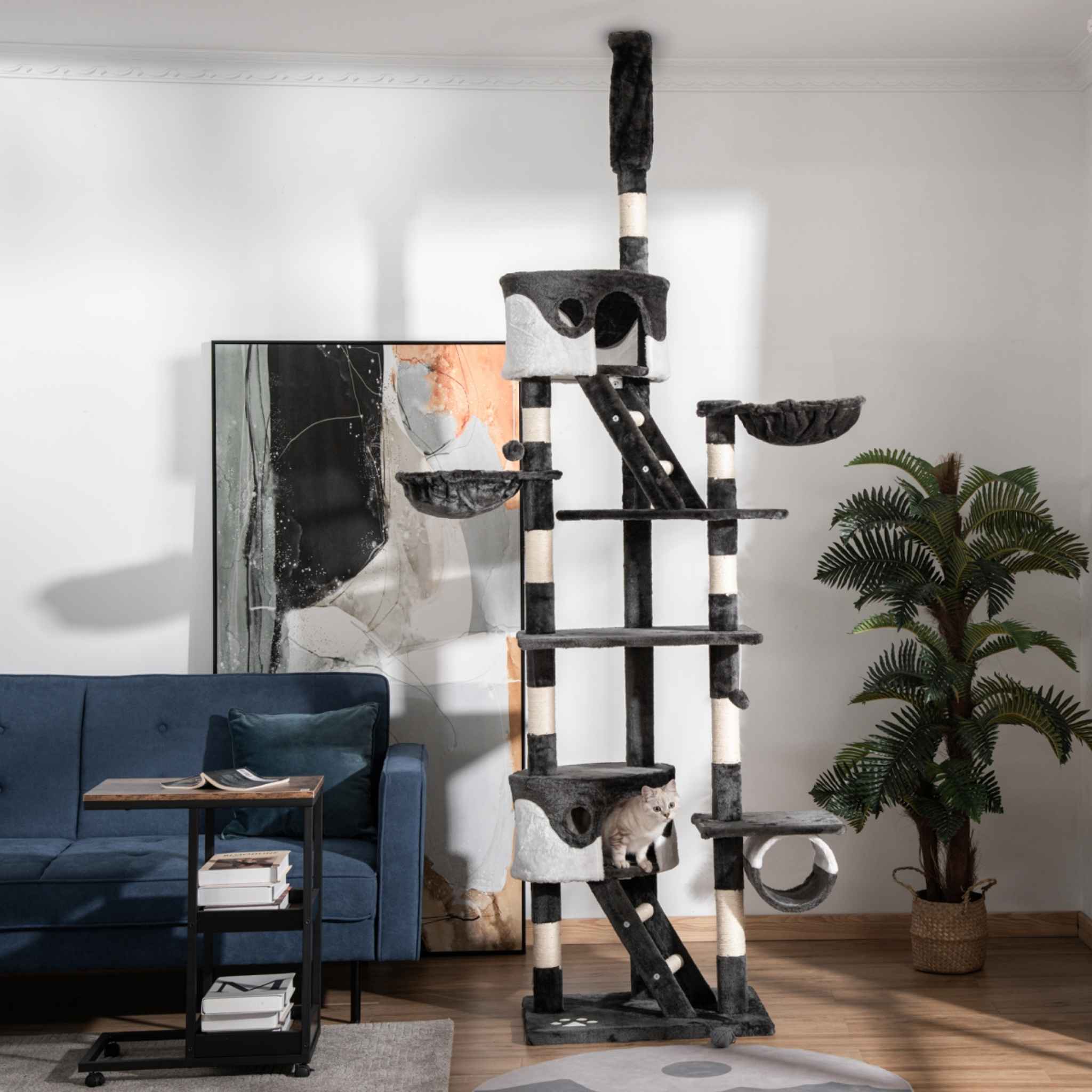 Cat playing on extra large dark grey cat tree in living room