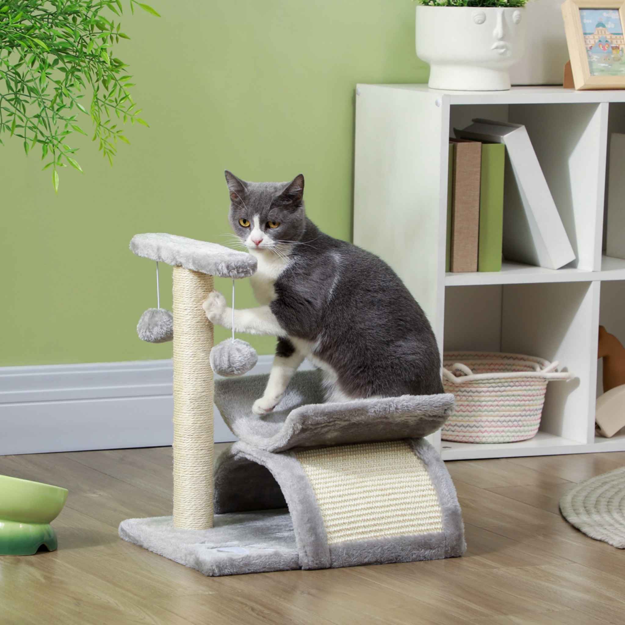 Cat playing with dangling toy on kitten tree
