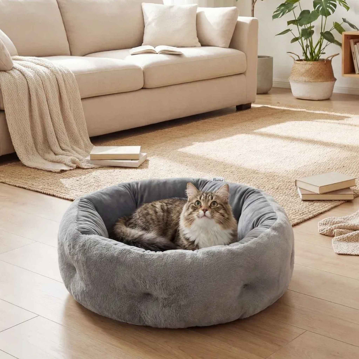 Cat relaxing in round grey cat bed in living room