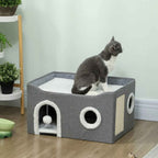 Cat relaxing on top perch of grey cat bed