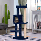 Cat resting in cat house on blue plush fabric cat tree
