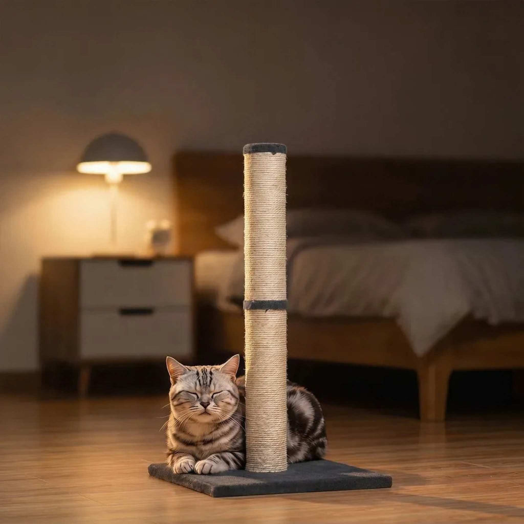 Cat resting next to scratching post