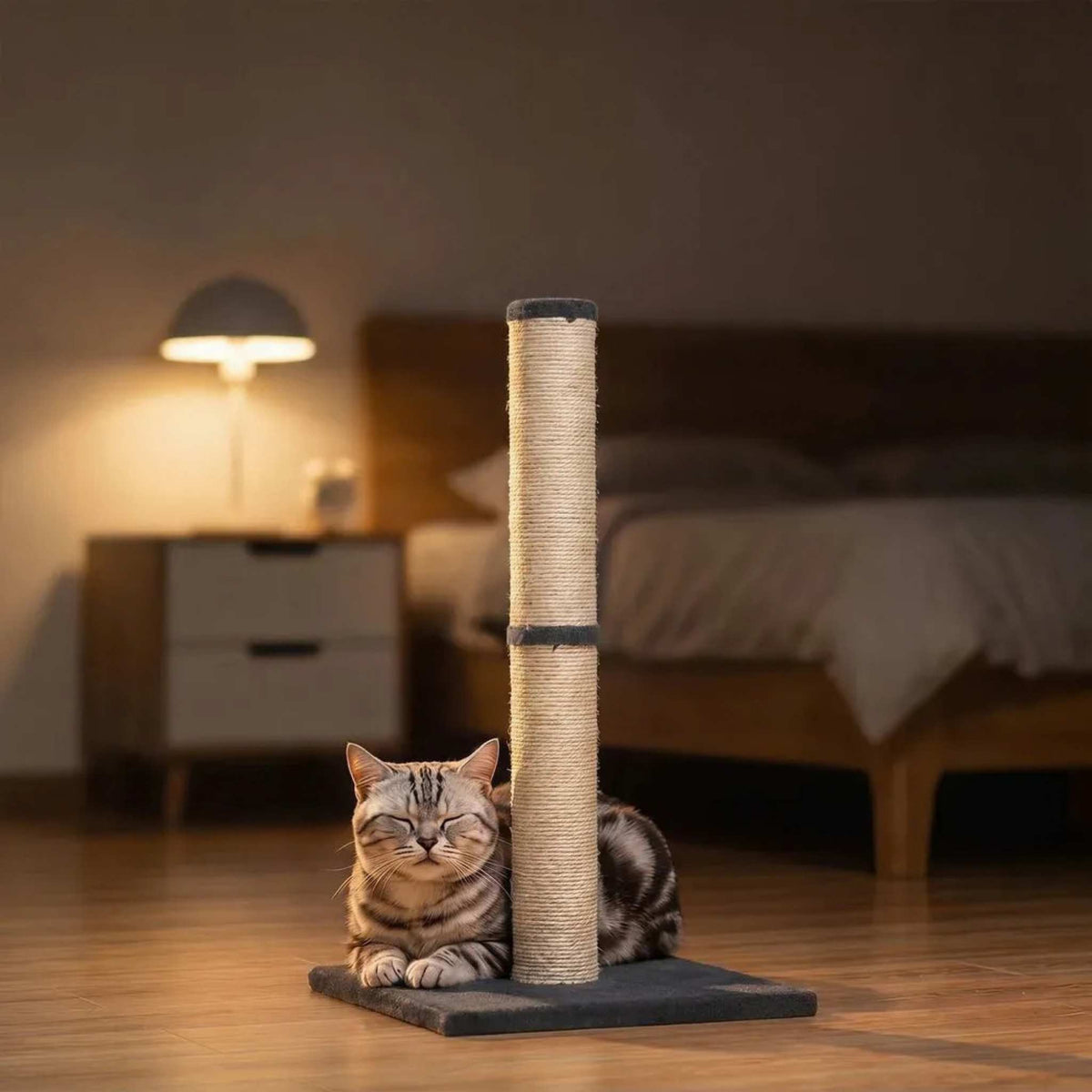 Cat resting next to scratching post
