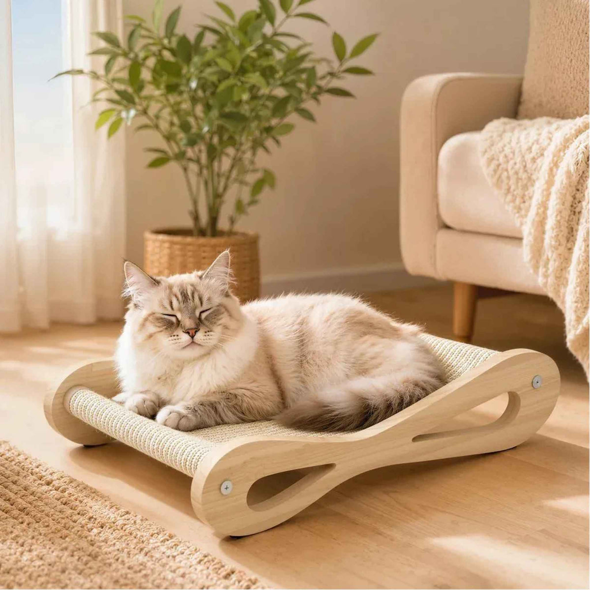 Cat resting on scratching board