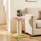 Cat resting on top perch of flower scratching post