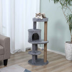 Cat resting on top perch of grey cat tree