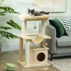Cat resting on top perch of small cat tree