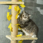 Cat scratching jute rope post on floor-to-ceiling cat tree with leaves