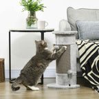 Cat scratching a post positioned at the corner of a sofa
