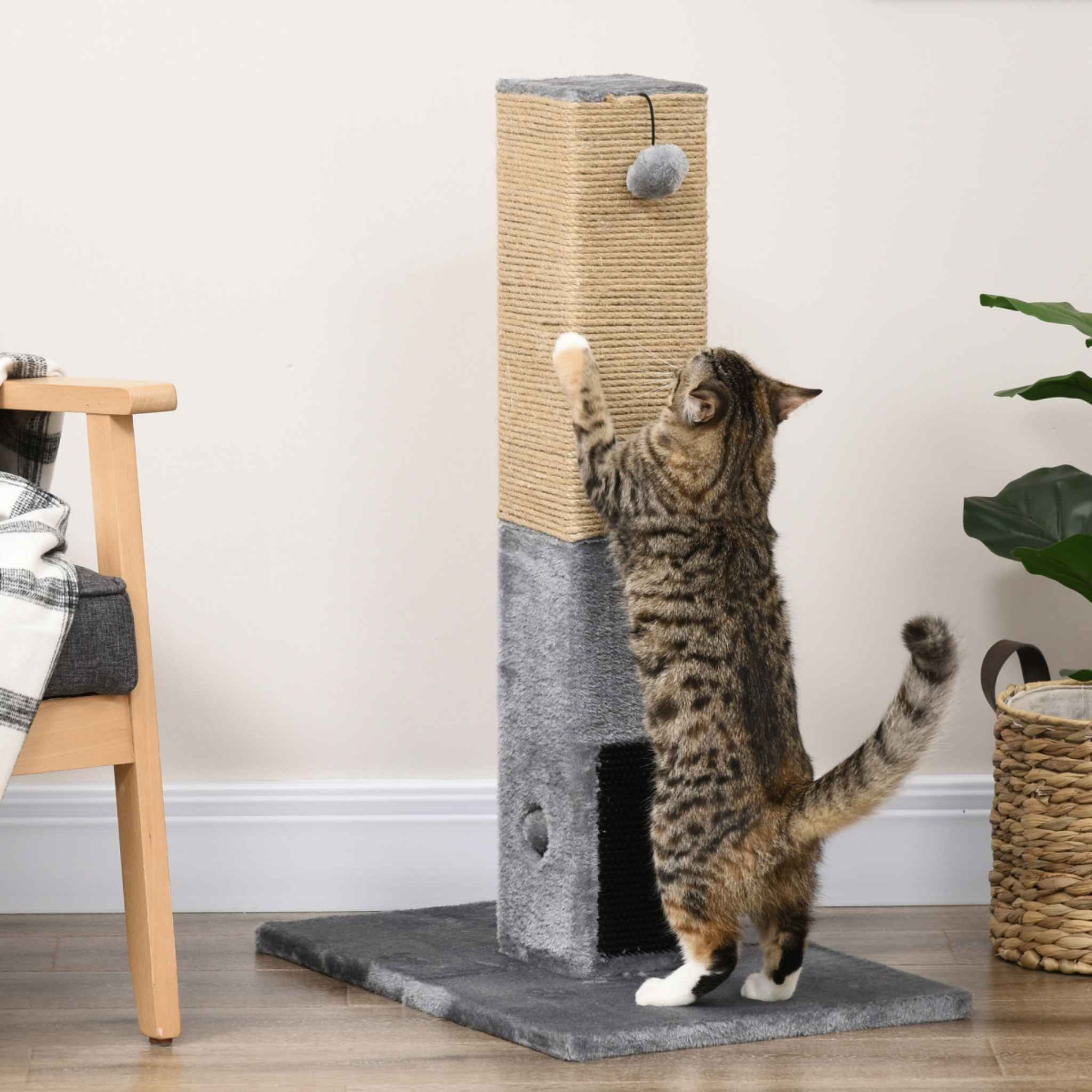 Cat scratching grey jute rope post