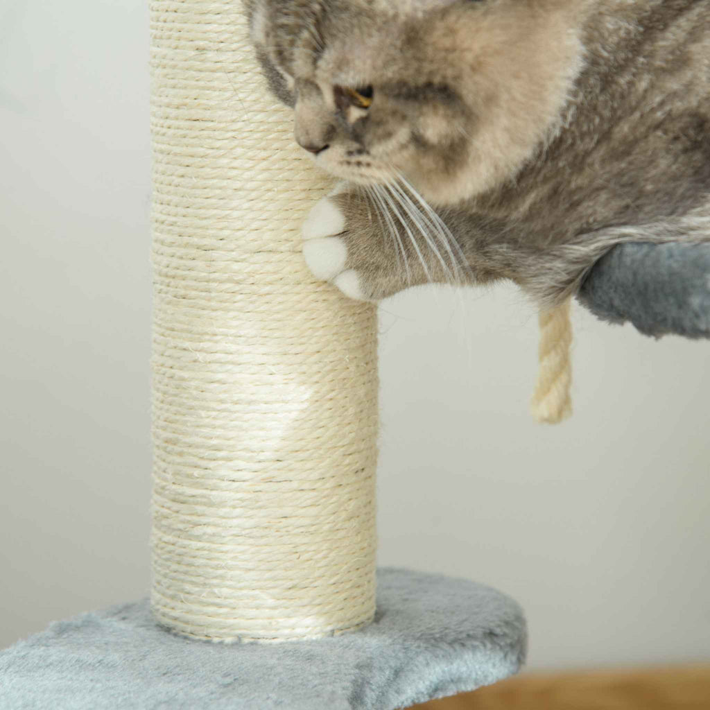Cat scratching sisal post on grey cat tower
