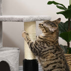 Cat scratching sisal rope post on grey cat tree