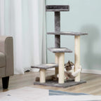 Cat scratching tall grey cat tree