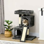 Cat sitting in grey cat tree