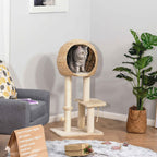 Cat sitting inside a woven cat tree in a living room