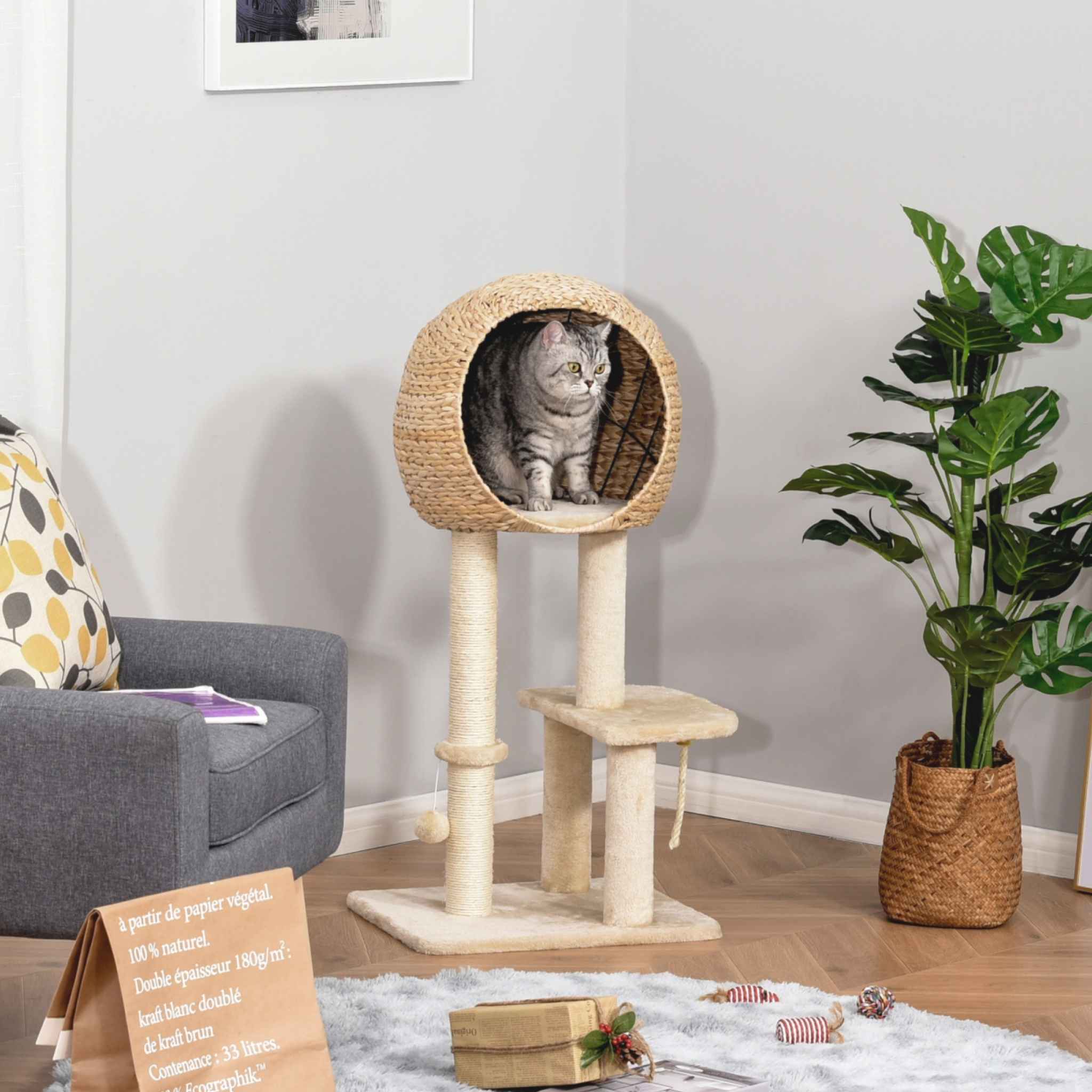 Cat sitting inside a woven cat tree in a living room