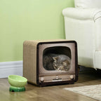 Cat sitting in TV shaped cat scratcher