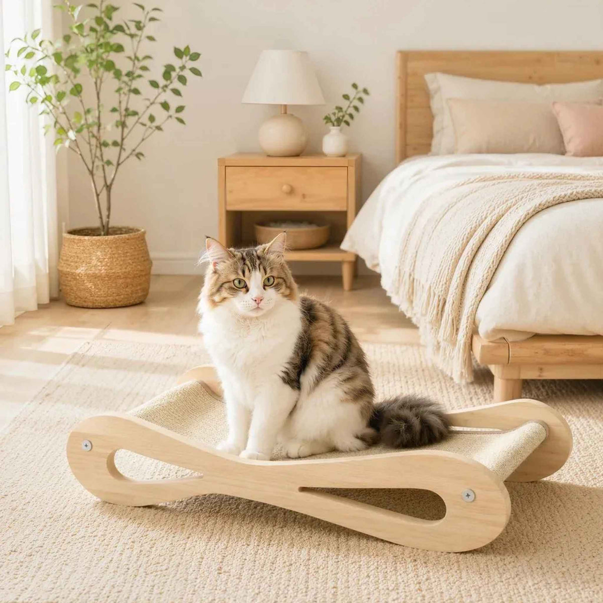 Cat sitting on scratching board