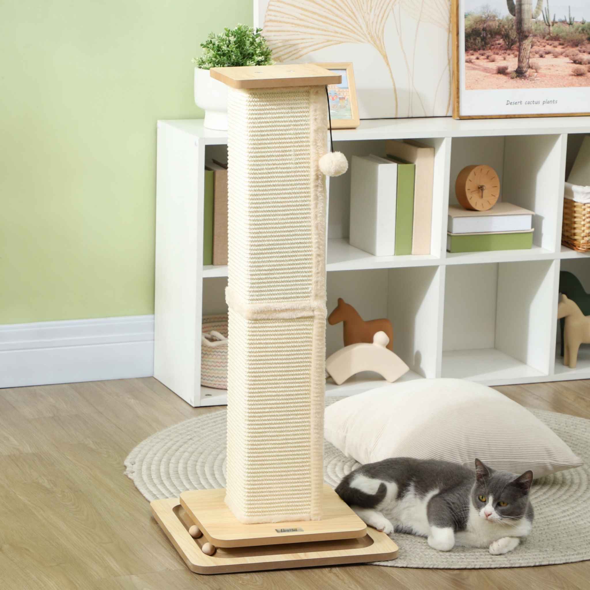 Cat sleeping on a rug next to a sisal rope cat scratcher