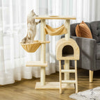 Cat stretching on cat tree with beige cushioned fabric platform in a living room.