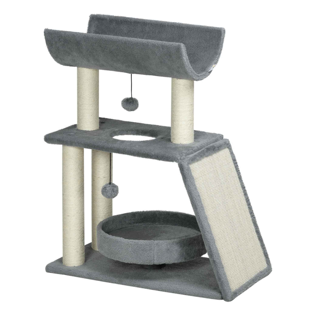 Cat tree tower 76 cm tall grey plush fabric sisal rope