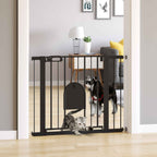 Cat walking through black dog gate