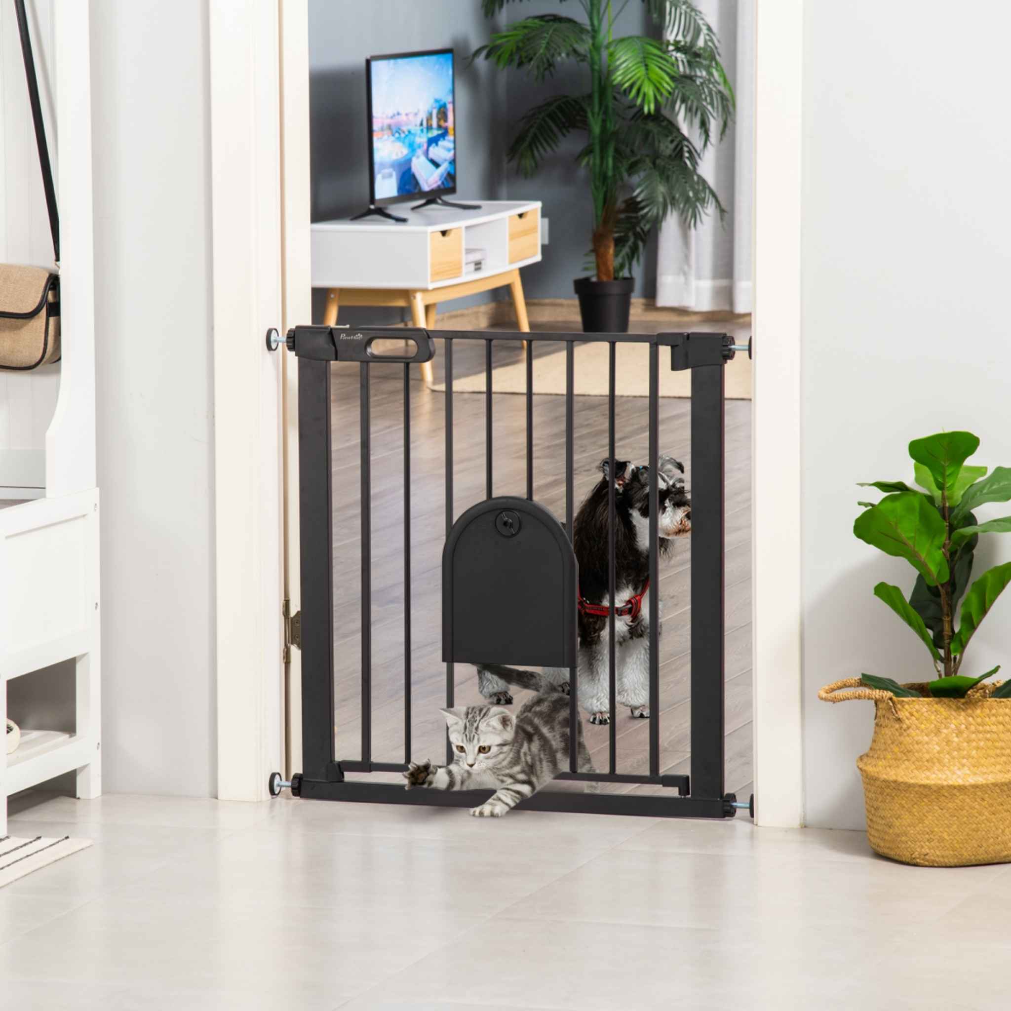 Cat walking through cat door on black pet gate