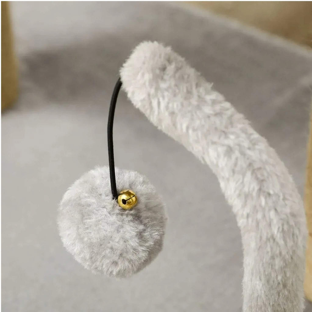 Dangling toy on small grey fabric cat tree