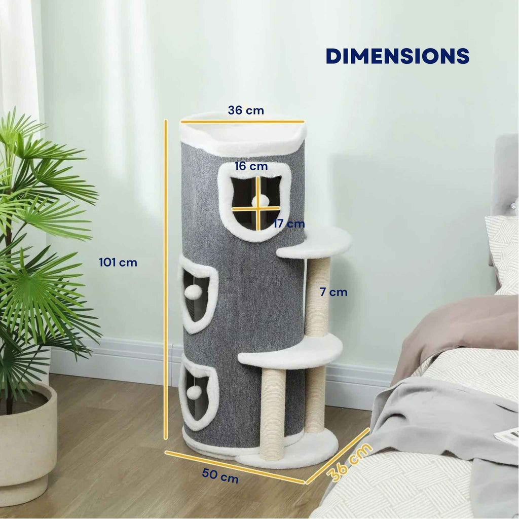 Dimensions for 101cm tall grey cat scratching barrel