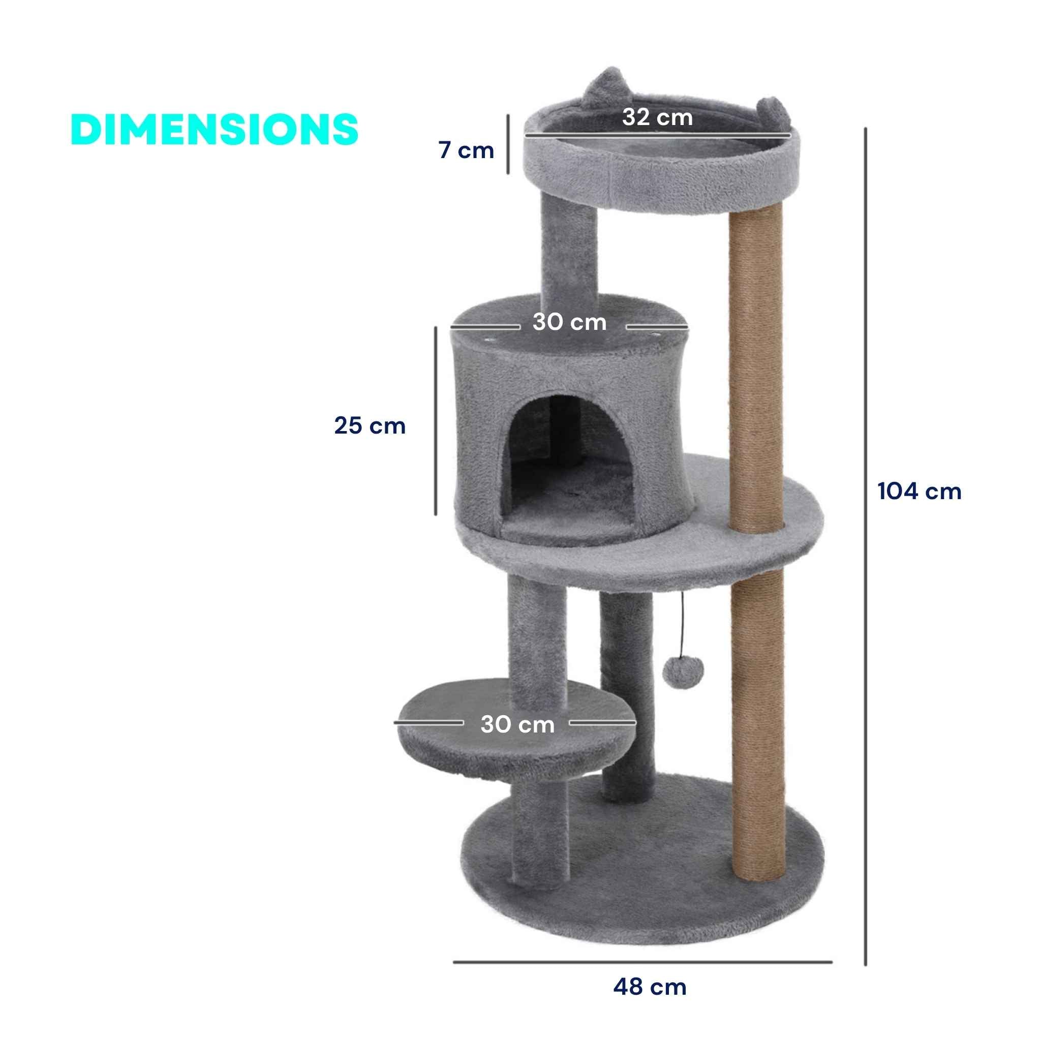 Dimensions for 104cm tall grey cat tree with sisal rope