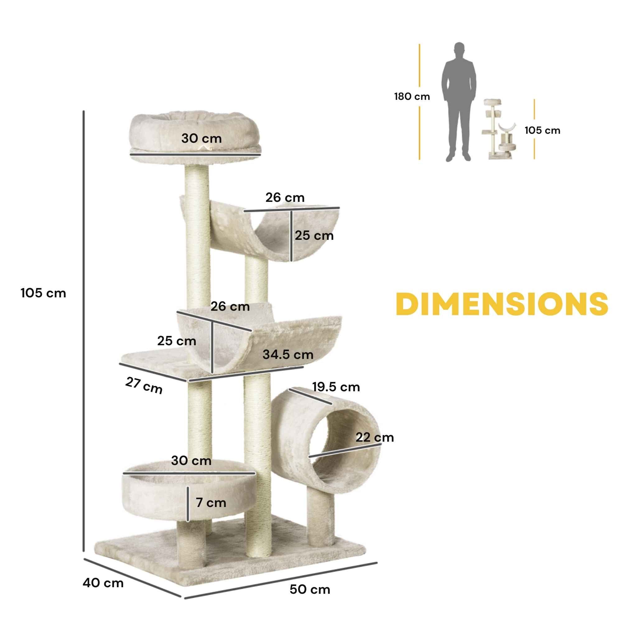 Dimensions for 105cm tall cream cat scratching post