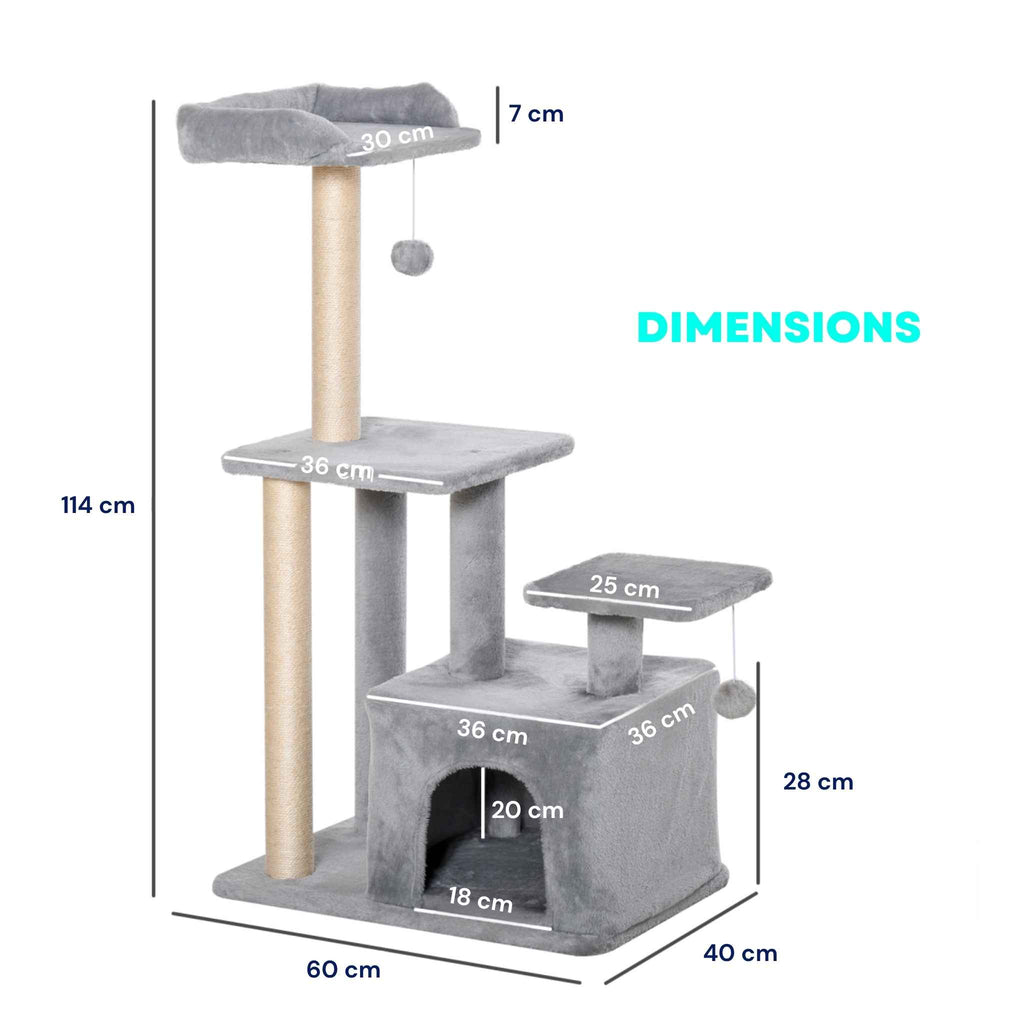Dimensions for 114cm tall grey cat tree