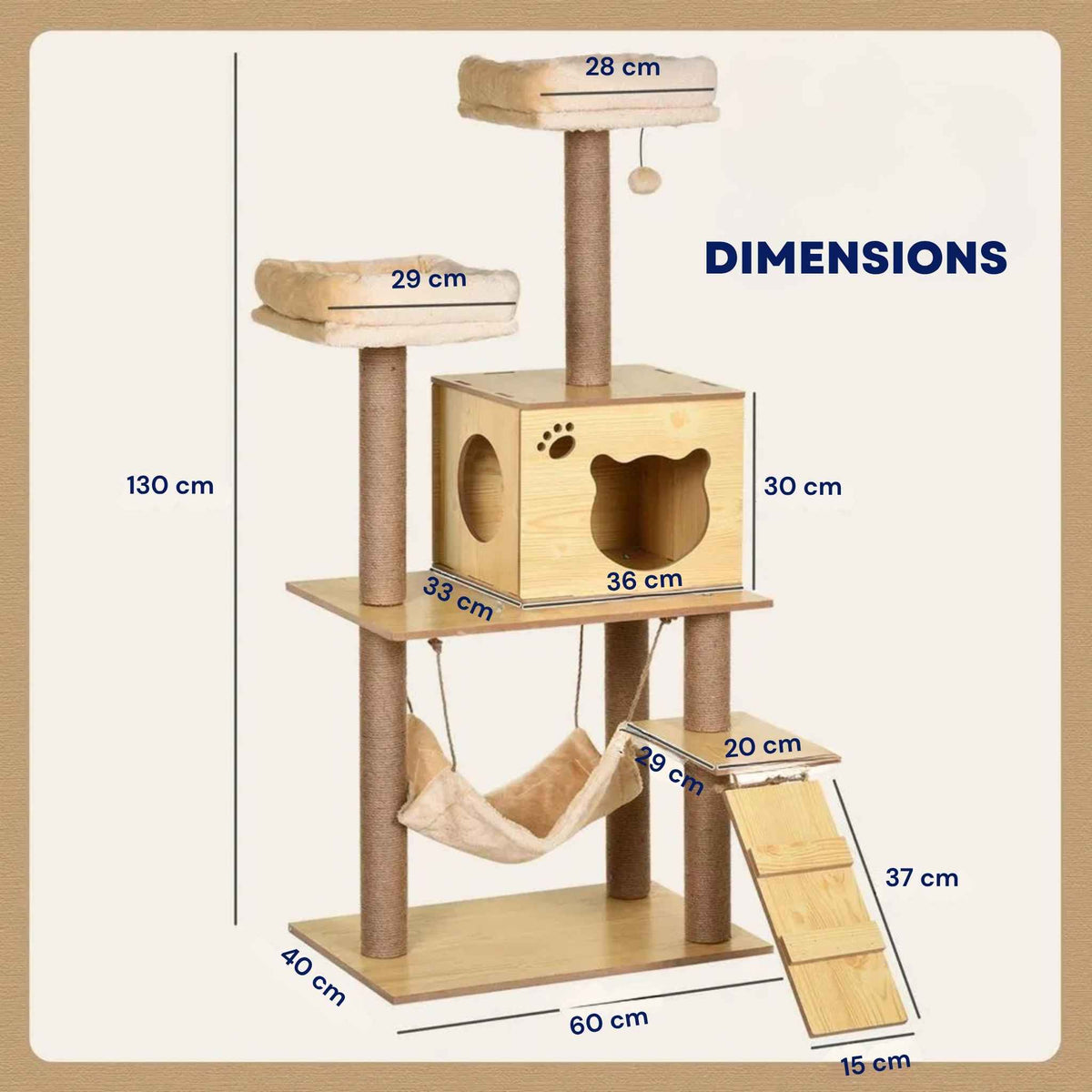 Dimensions for 130cm tall wood effect cat tree