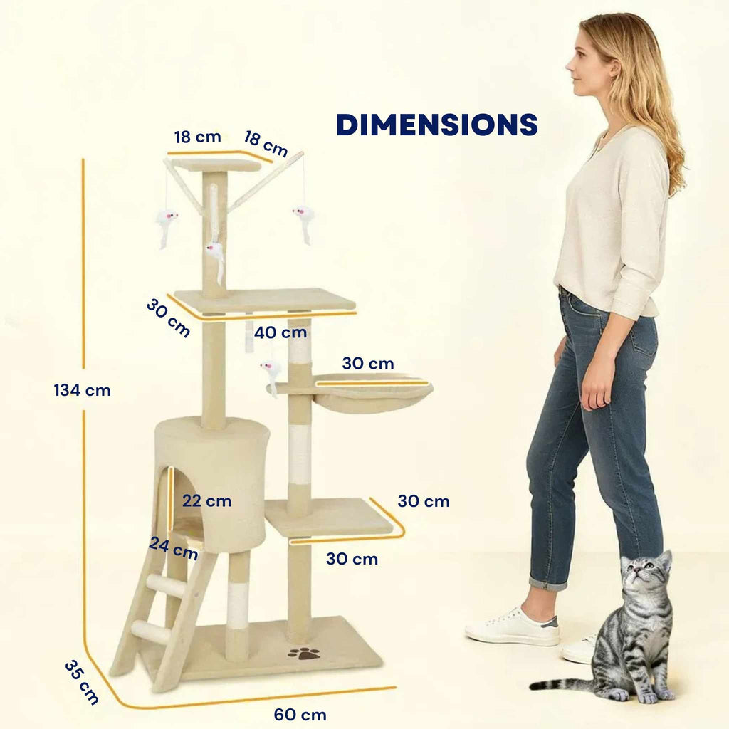 Dimensions for 134cm tall beige fabric cat tree
