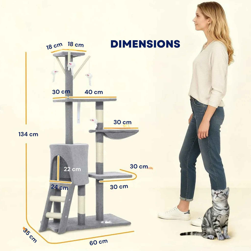 Dimensions for 134cm tall grey fabric cat tree