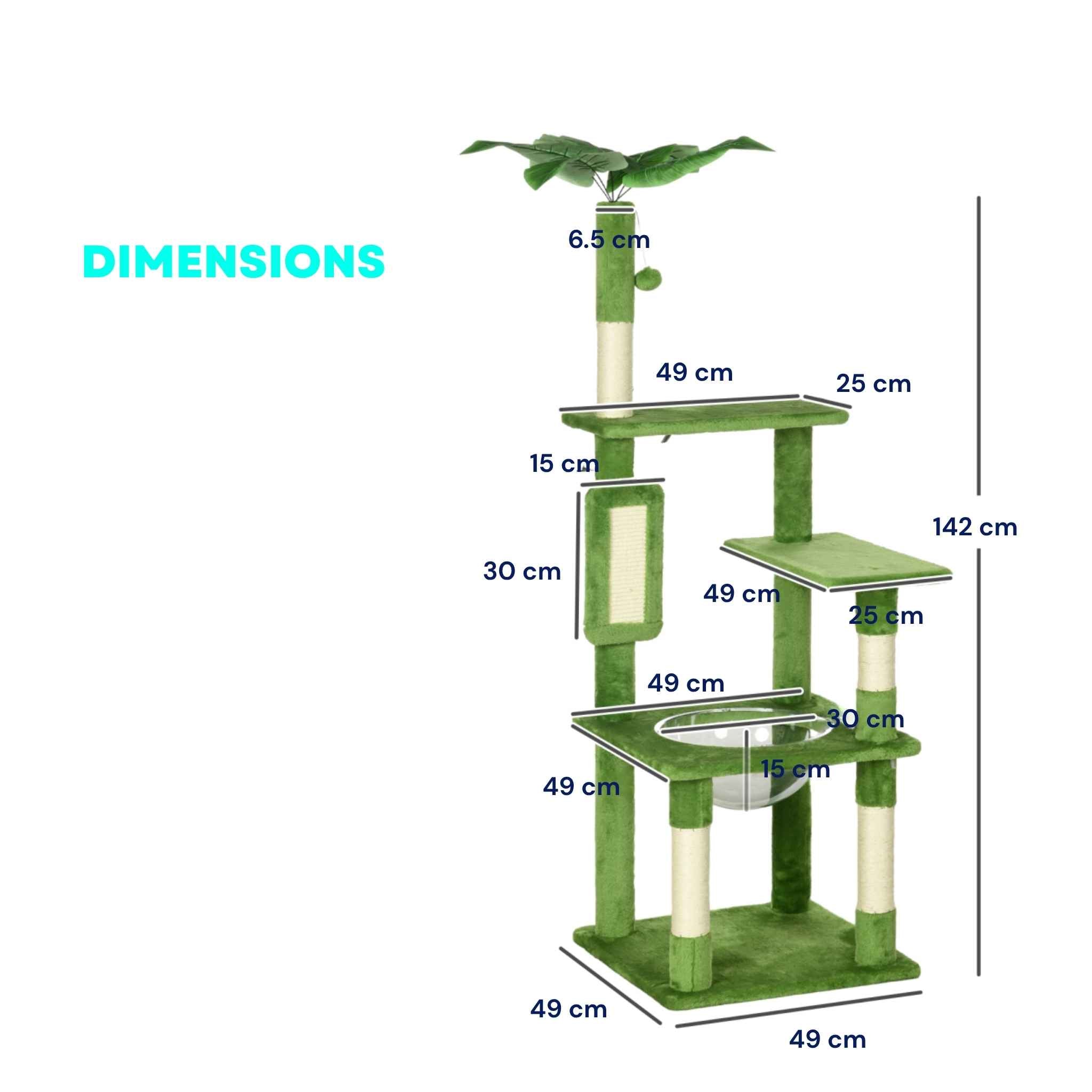 Dimensions for 142cm tall green fabric cat tree with hammock