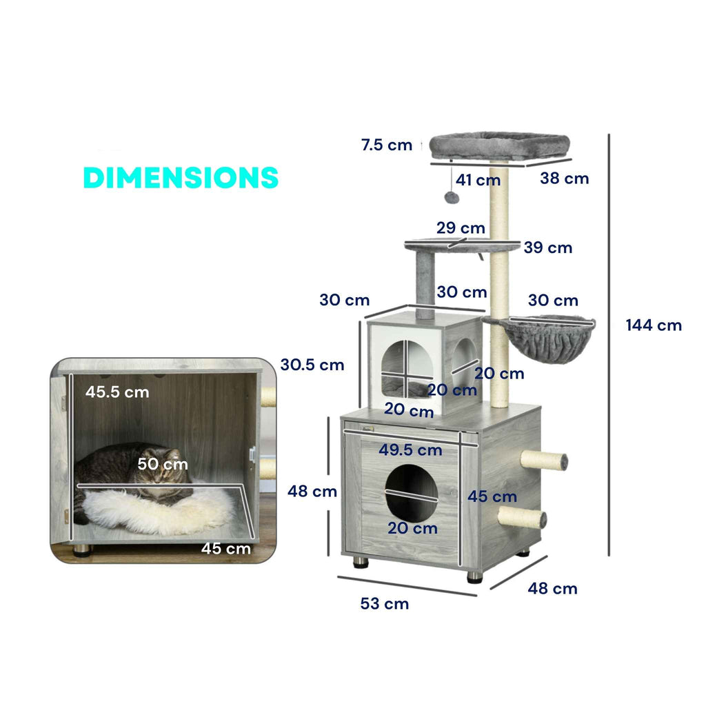 Dimensions for 144cm tall cat tree with litter box enclosure