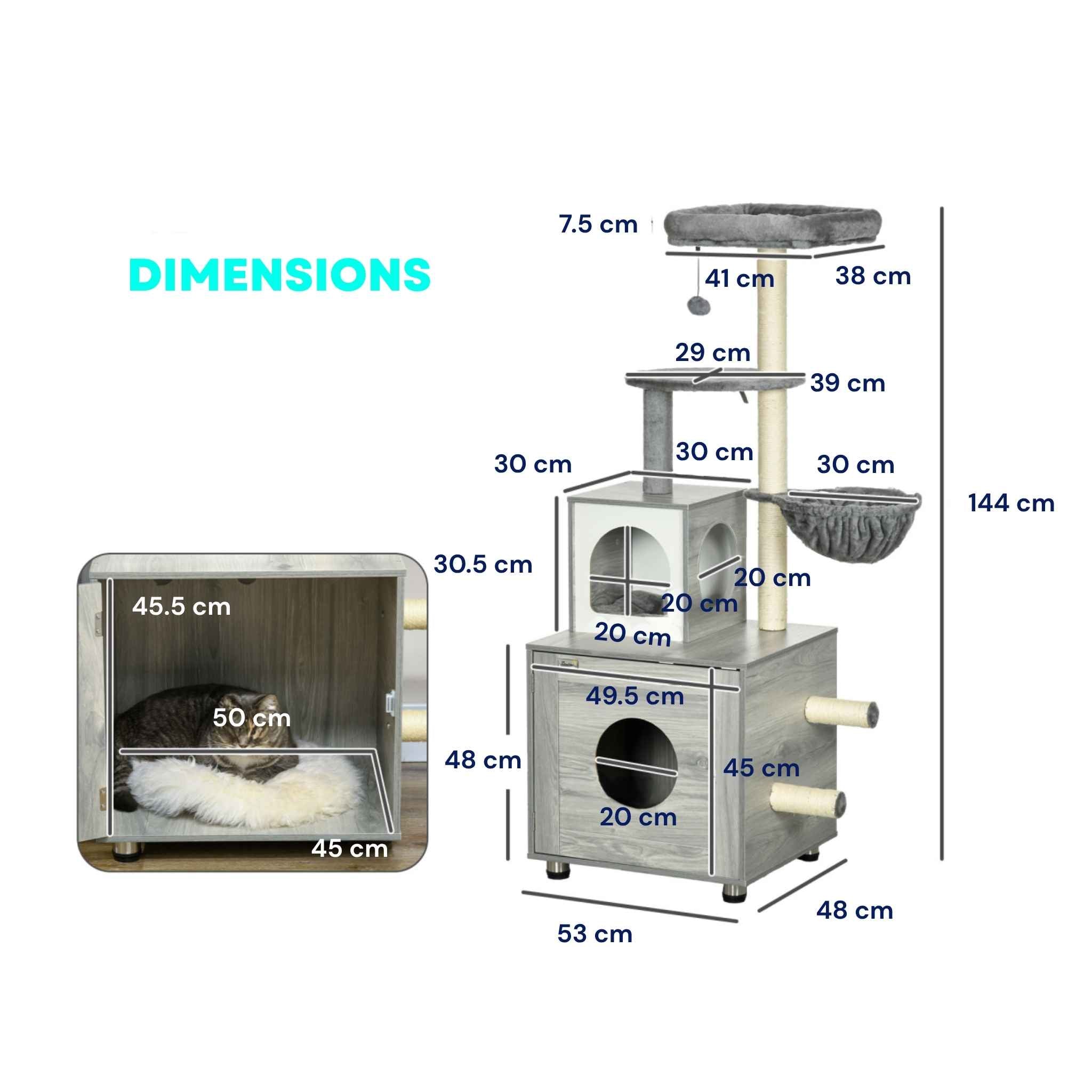 Dimensions for 144cm tall cat tree with litter box enclosure