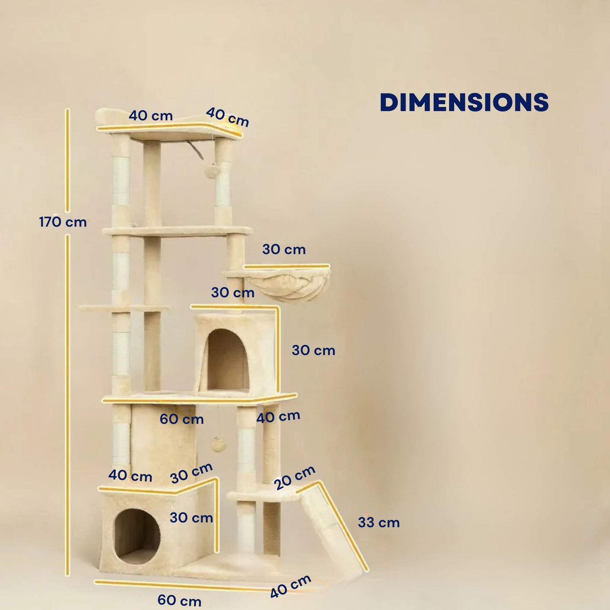 Dimensions for 170cm tall large beige cat tree