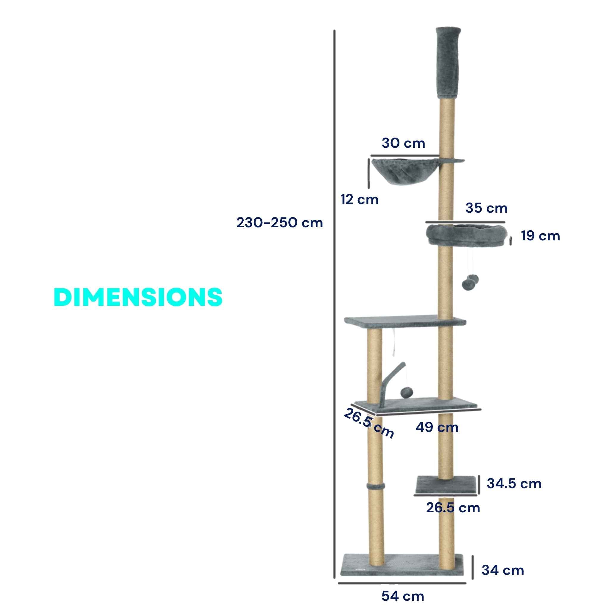 Dimensions for 250cm tall floor to ceiling cat tree