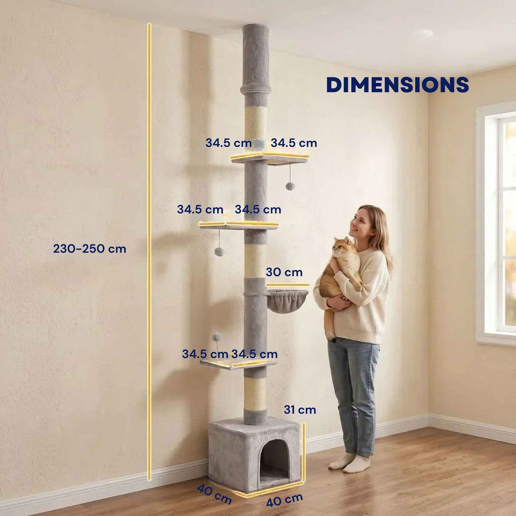 Dimensions for 250cm tall grey fabric floor to ceiling cat tree