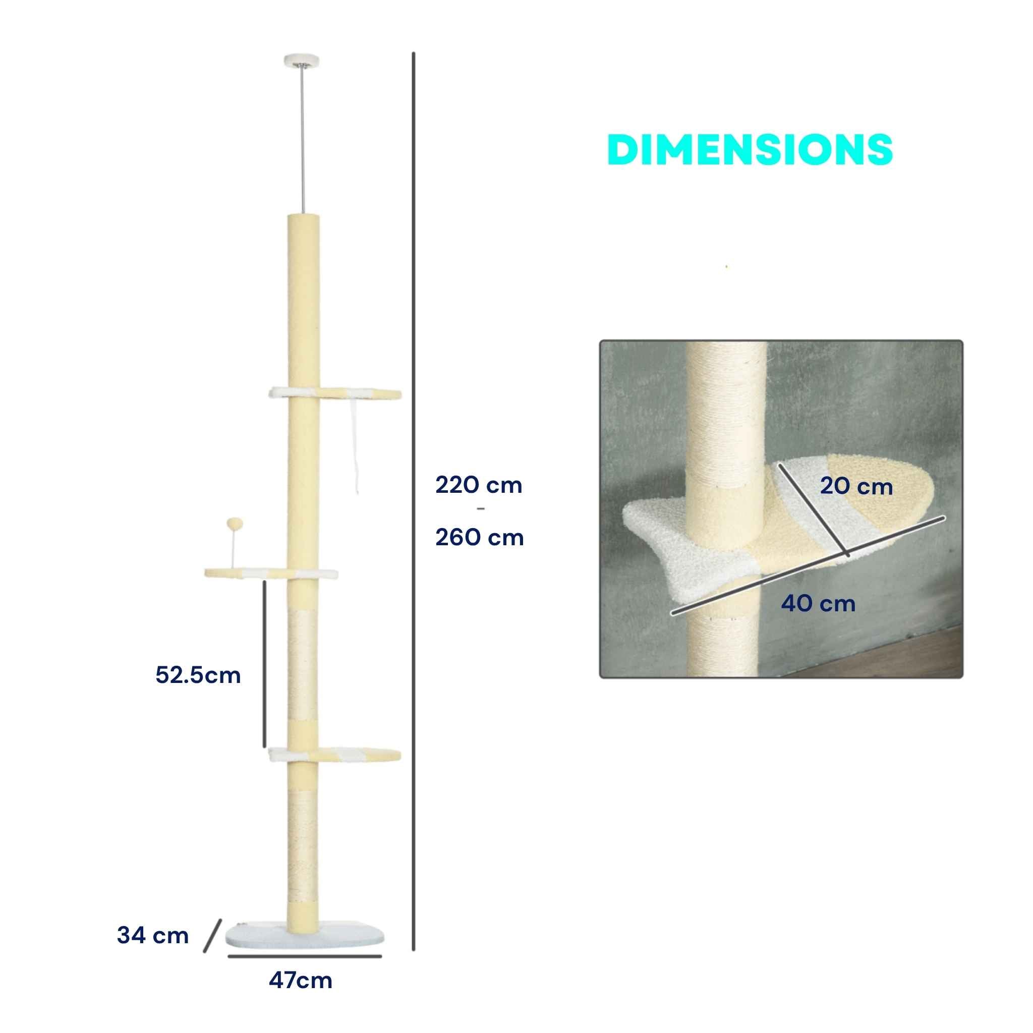 Dimensions for 260cm tall cream floor to ceiling cat tree