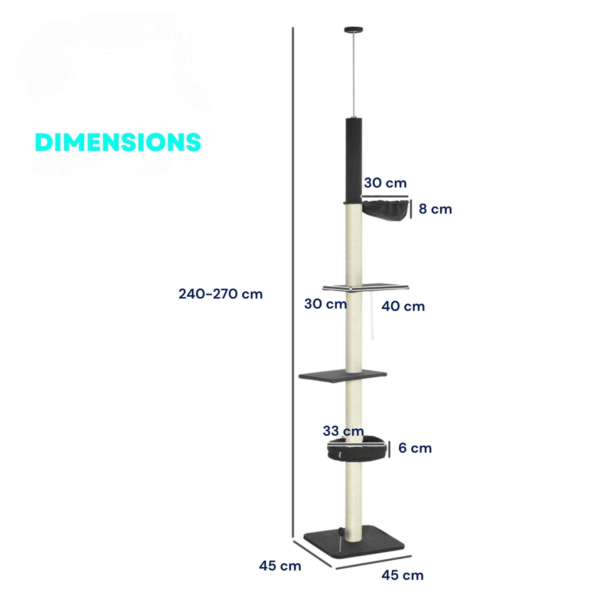 Dimensions for 270cm tall black fabric floor to ceiling cat tree