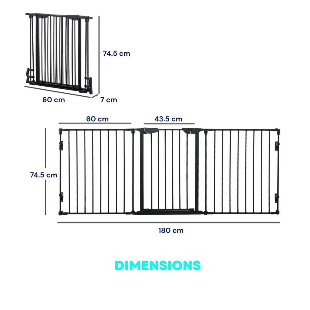 Dimensions for 3 panel black metal freestanding pet gate