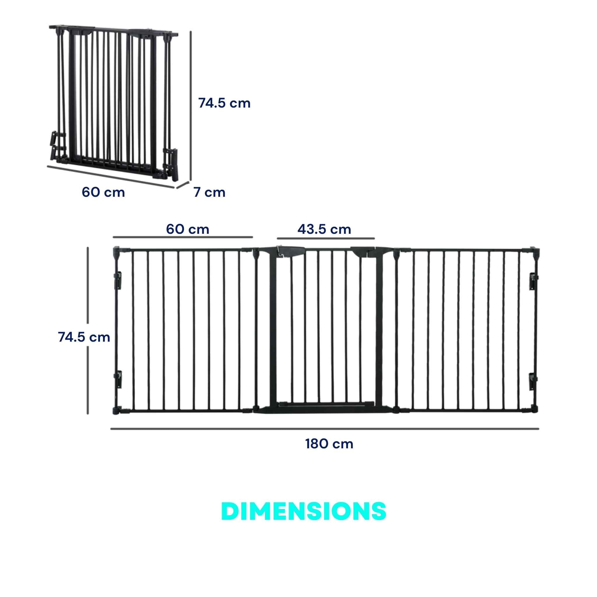 Dimensions for 3 panel black metal freestanding pet gate