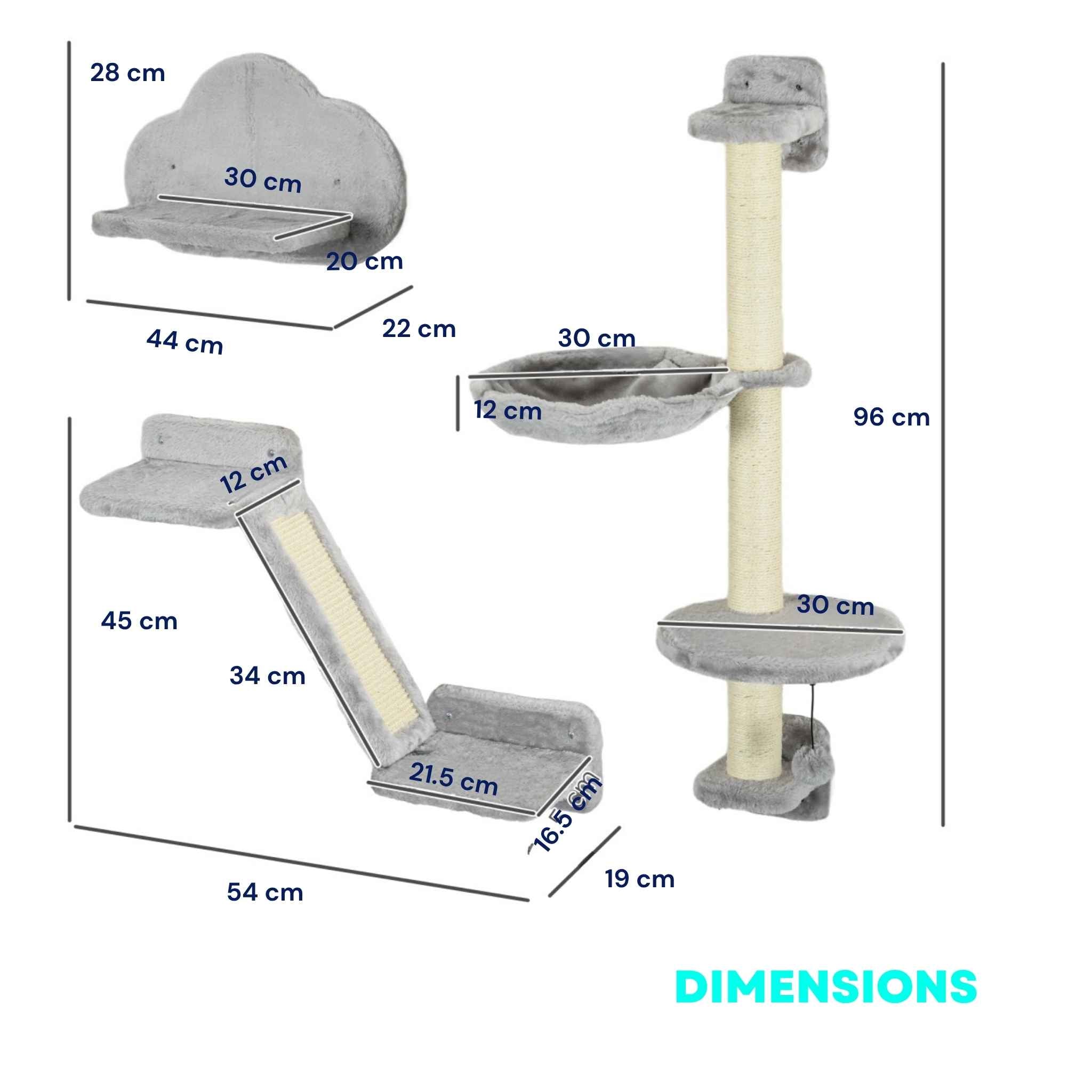 Dimensions for 3pcs wall mounted cat tree and scratcher