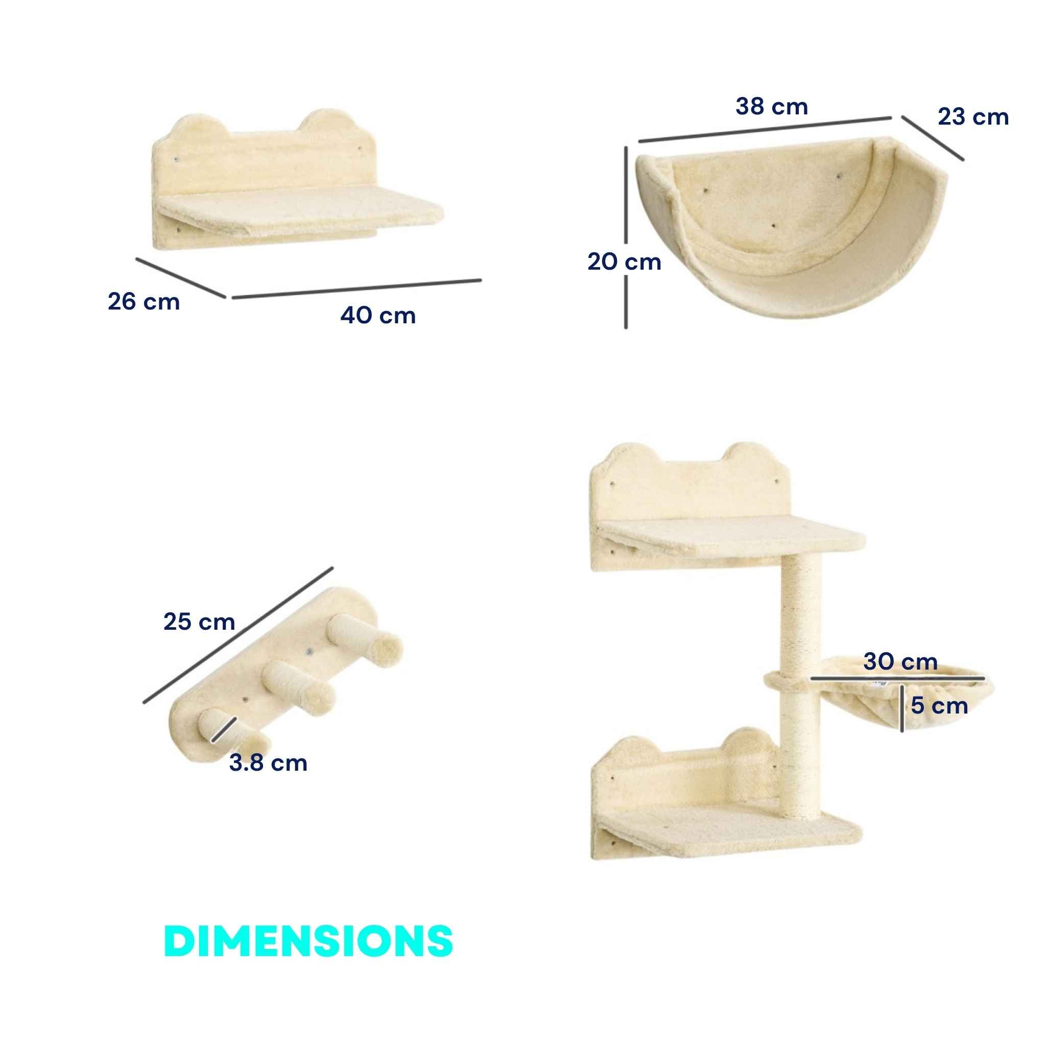 Dimensions for 4pcs beige wall mounted cat tree